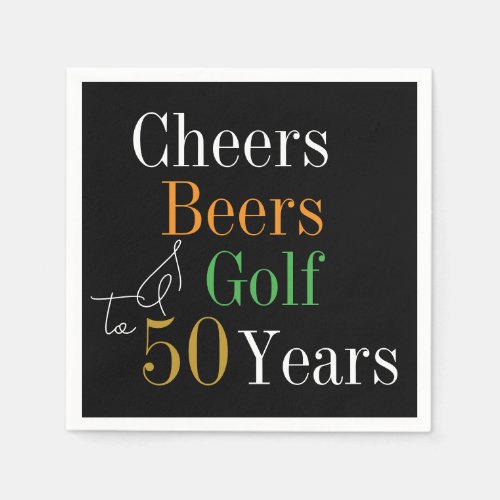 50th Birthday Cheers and Beers Golf Black and Gold Napkins