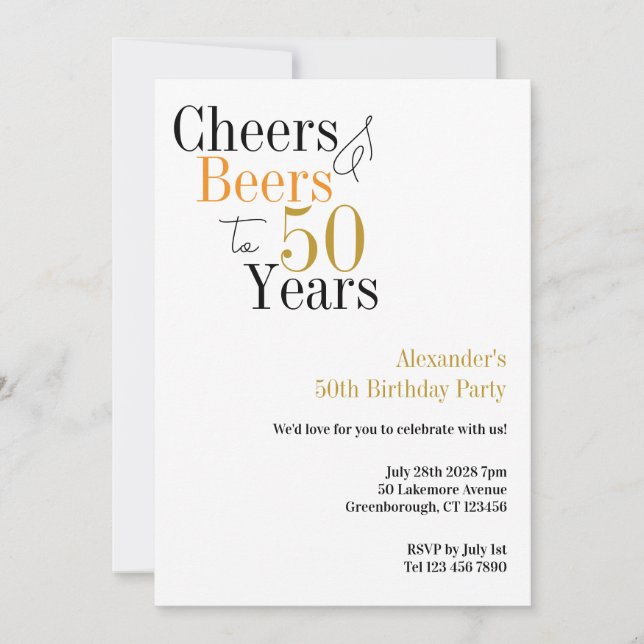 50th Birthday Cheers and Beers Minimal Party Invitation (Front)