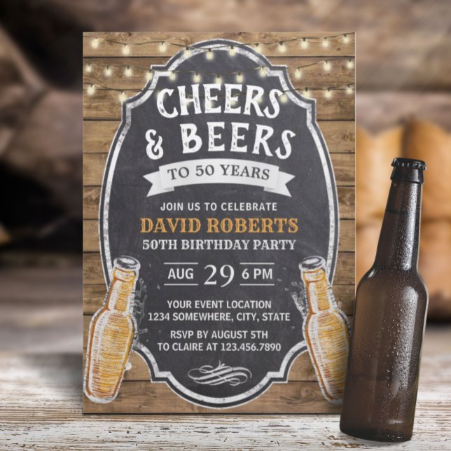 50th Birthday Cheers & Beers Rustic Chalkboard Invitation
