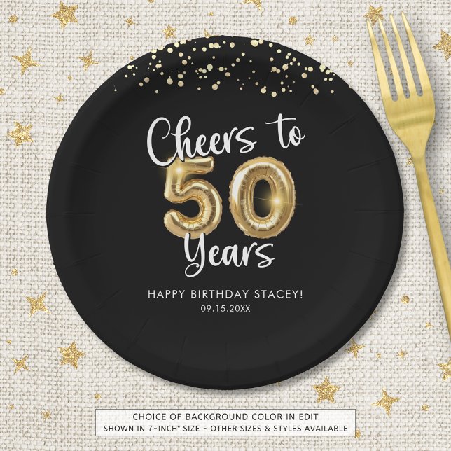 50th Birthday Cheers to 50 Years Black Gold Paper Plates (Creator Uploaded)