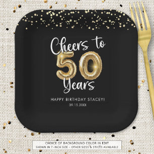50th Birthday Cheers to 50 Years Black Gold Paper Plates