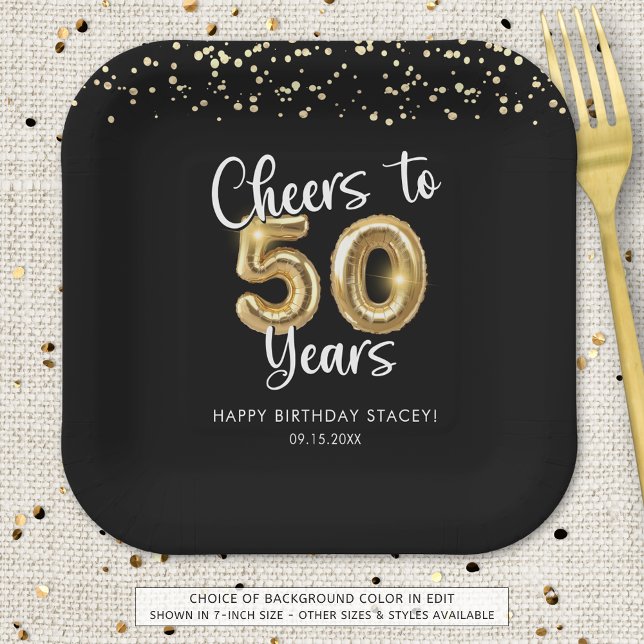 50th Birthday Cheers to 50 Years Black Gold Paper Plates (Creator Uploaded)