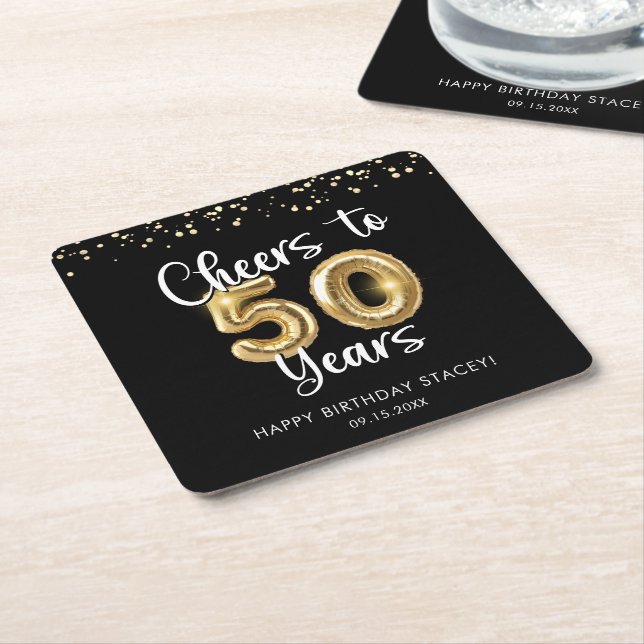 50th Birthday Cheers to 50 Years Black Gold Square Paper Coaster (Angled)