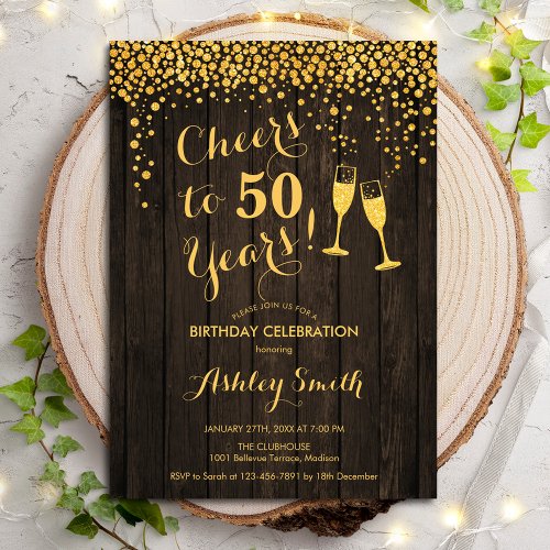 50th Birthday _ Cheers To 50 Years Gold Wood Invitation