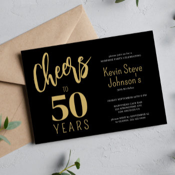 50th Birthday Cheers To 50 Years Modern Gold Black Invitation by invitations_kits at Zazzle