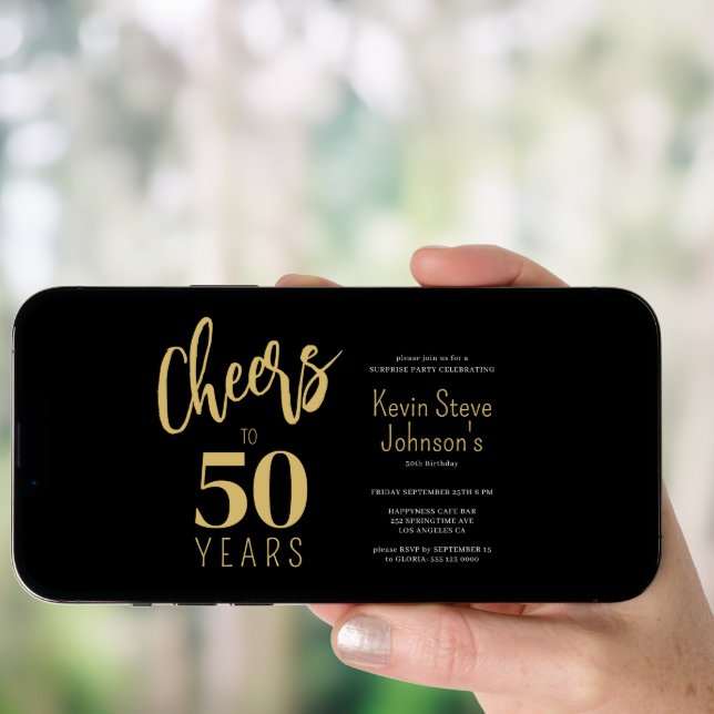 50th Birthday cheers to 50 years modern gold black Invitation (Front Digital)