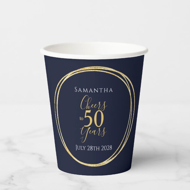 50th Birthday Cheers to 50 Years Navy Gold Party Paper Cups (Front)