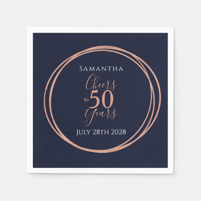 50th Birthday Cheers to 50 Years Navy Rose Gold Napkins (Front)