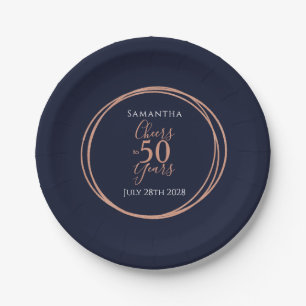 50th Birthday Cheers to 50 Years Navy Rose Gold Paper Plates