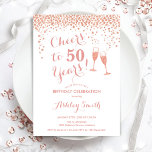 50th Birthday - Cheers To 50 Years Rose Gold White Invitation<br><div class="desc">50th Birthday Invitation. Cheers To 50 Years! Elegant design in white and rose gold. Features champagne glasses,  script font and confetti. Perfect for a stylish fiftieth birthday party. Personalize with your own details. Can be customized to show any age.</div>