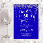 50th Birthday - Cheers To 50 Years Royal Blue Invitation<br><div class="desc">50th Birthday Invitation. Cheers To 50 Years! Elegant design in royal blue,  white and silver. Features champagne glasses,  script font and glitter silver confetti. Perfect for a stylish fiftieth birthday party. Personalize with your own details. Can be customized to show any age.</div>