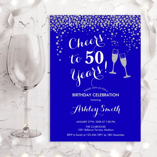 50th Birthday _ Cheers To 50 Years Royal Blue Invitation
