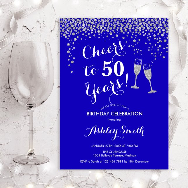 50th Birthday - Cheers To 50 Years Royal Blue Invitation (Creator Uploaded)