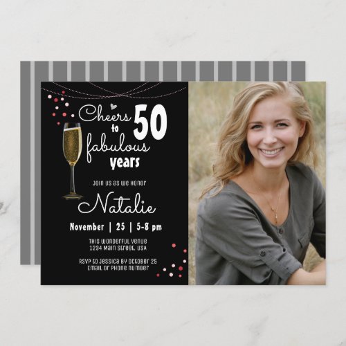 50th Birthday Cheers to Fifty Fabulous Years Black Invitation