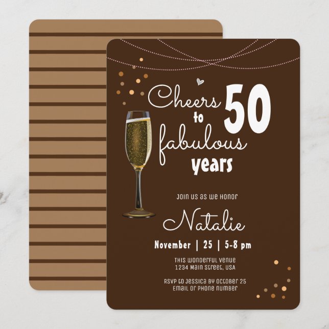 50th Birthday Cheers to Fifty Fabulous Years Brown Invitation (Front/Back)