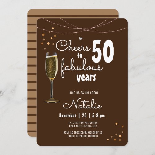 50th Birthday Cheers to Fifty Fabulous Years Brown Invitation