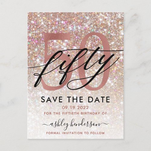 50th Birthday Chic Glitter Ombre Save The Date Postcard