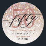 50th Birthday Chic Glitter Ombre Thank You Classic Round Sticker<br><div class="desc">Modern chic girly thank you stickers for 50th  birthday. Design featuring champagne sparkly glitter texture,  rose gold 50 and calligraphy script fifty. Personalize with a name and date.</div>