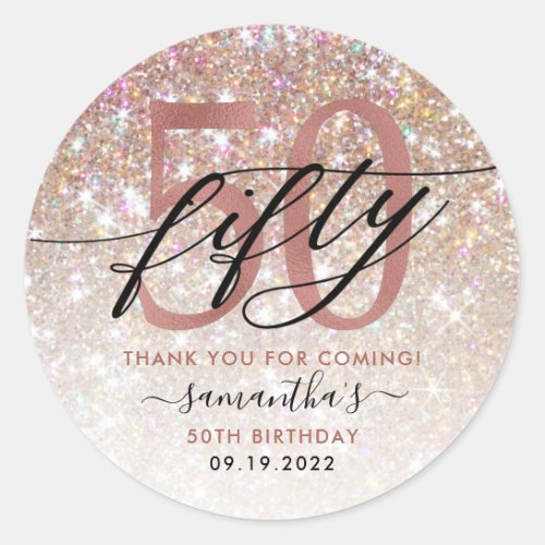 50th Birthday Chic Glitter Ombre Thank You Classic Round Sticker