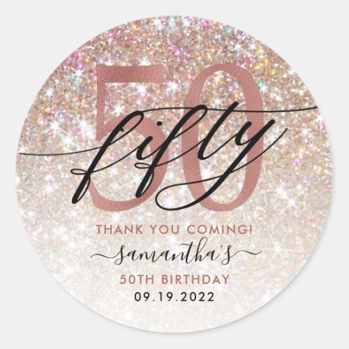 50th Birthday Chic Glitter Ombre Thank You Classic Round Sticker