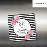 50th birthday chic pink roses black white stripes magnet<br><div class="desc">A magnet for a 50th birthday party. Classic slim black and white horizontal stripes as background.  With girly and feminine pink roses as decoration.  
A frame with the text: 50 and Fabulous and templates for name and date.</div>