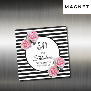 50th birthday chic pink roses black white stripes magnet