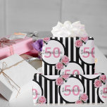 50th birthday chic pink roses black white stripes wrapping paper<br><div class="desc">Classic slim black and white vertical stripes as background. With girly, feminine and romantic pink roses as decoration. Perfect for an elegant 50th birthday party for her. White and black frames with templates for name and age. Age number 50 in pink, name and date in black. The name is written...</div>
