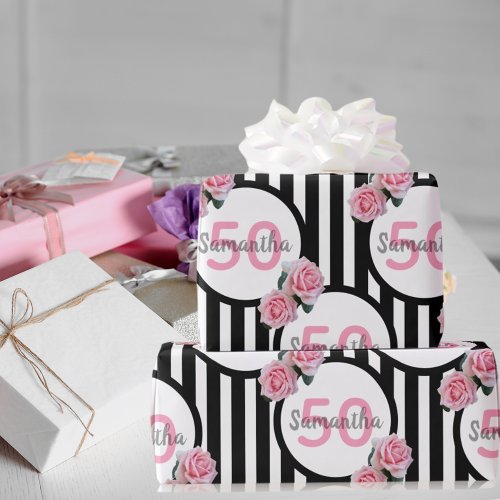 50th birthday chic pink roses black white stripes wrapping paper