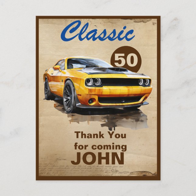 50th Birthday Classic Muscle Car Thank You Postcard (Front)