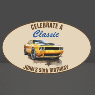 50th Birthday Classic Yellow Muscle Car Oval Sticker