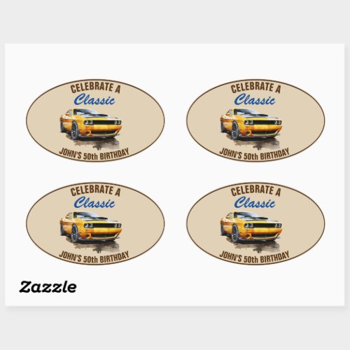 50th Birthday Classic Yellow Muscle Car  Oval Sticker