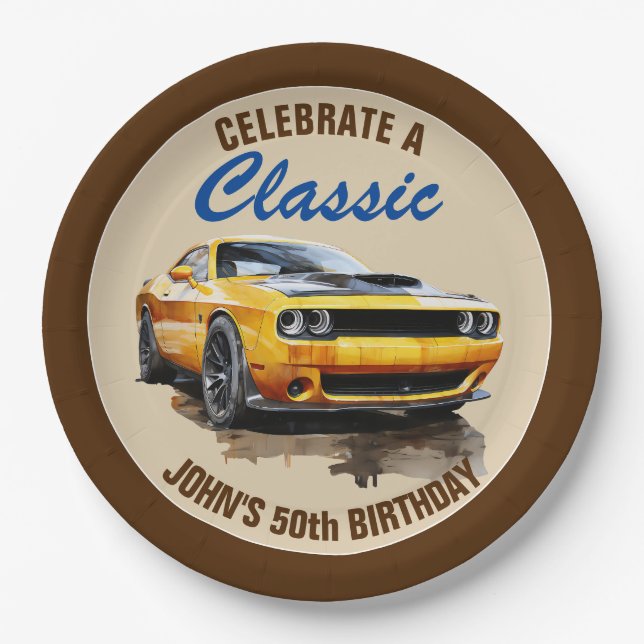 50th Birthday Classic Yellow Muscle Car  Paper Plates (Front)