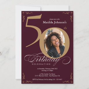50th Birthday Classy Burgundy Gold Custom Photo Invitation