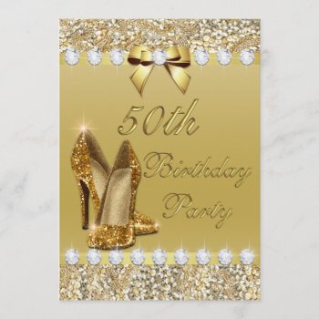 50th Birthday Classy Gold Heels Sequins Diamonds Invitation by GroovyGraphics at Zazzle