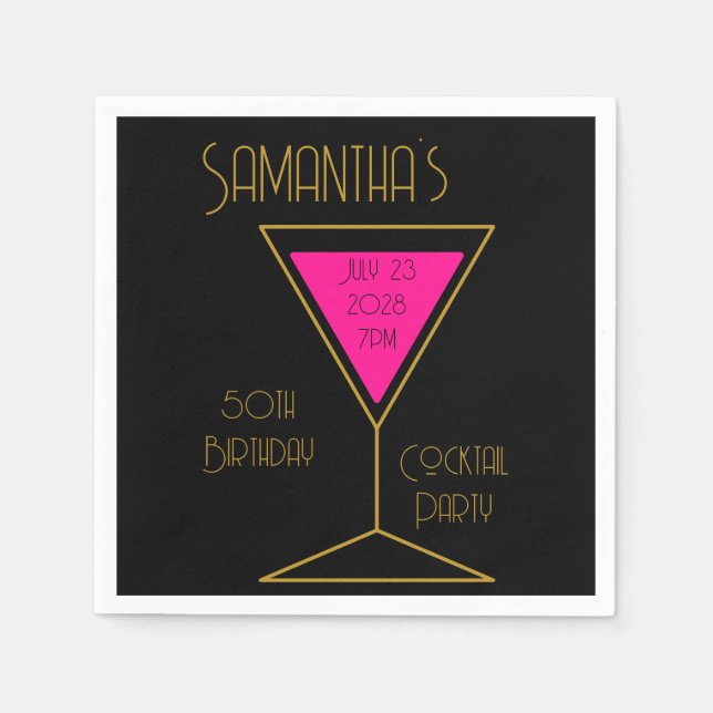 50th Birthday Cocktail Party Black Gold Hot Pink Napkins (Front)