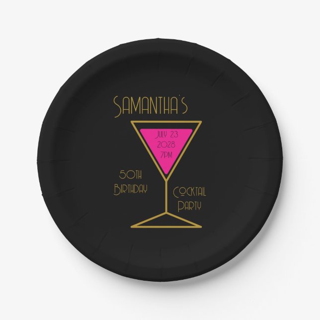 50th Birthday Cocktail Party Black Gold Paper Plates (Front)