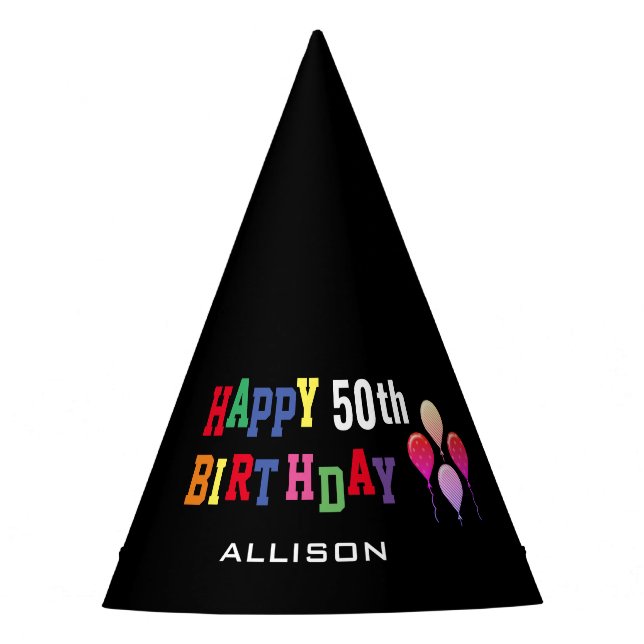 50th Birthday Colorful Balloons Personalized Party Hat (Front)