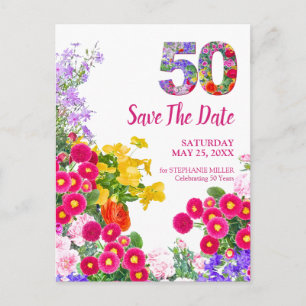 50th Birthday Colorful Floral 50 Save the Date Announcement Postcard