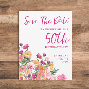 50th Birthday Colorful Floral Save the Date Announcement Postcard
