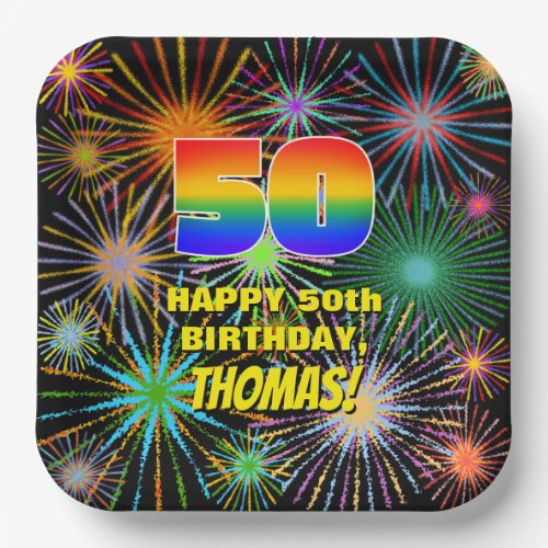 50th Birthday Colorful Fun Celebratory Fireworks Paper Plates