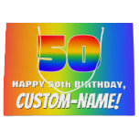 [ Thumbnail: 50th Birthday: Colorful, Fun Rainbow Pattern # 50 Gift Bag ]
