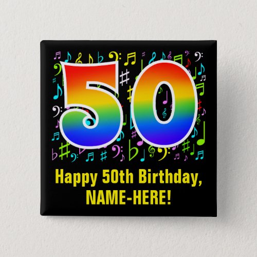 50th Birthday Colorful Music Symbols Rainbow 50 Button