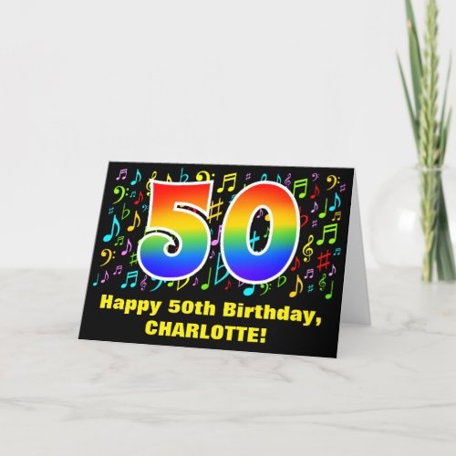 50th Birthday Colorful Music Symbols  Rainbow 50 Card