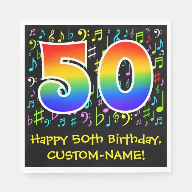 50th Birthday - Colorful Music Symbols, Rainbow 50 Napkins (Front)