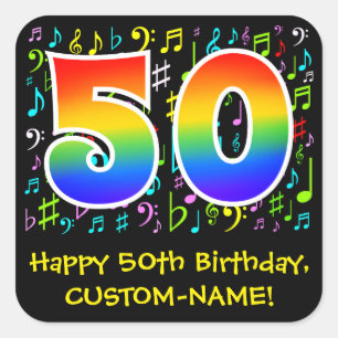 50th Birthday: Colorful Music Symbols, Rainbow 50 Square Sticker