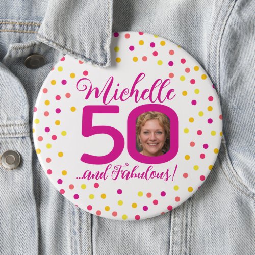 50th birthday colorful pink yellow confetti photo  button