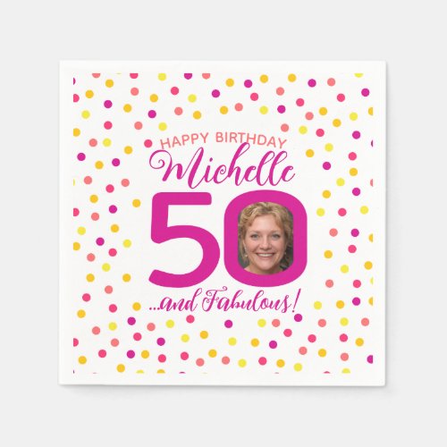 50th birthday colorful pink yellow confetti photo napkins