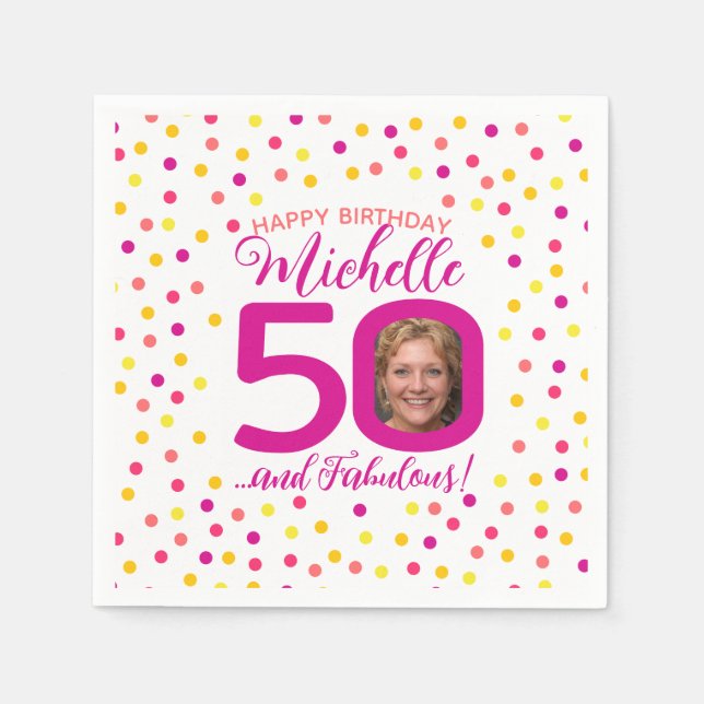 50th birthday colorful pink yellow confetti photo napkins (Front)