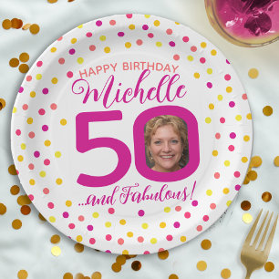 50th birthday colorful pink yellow confetti photo paper plates