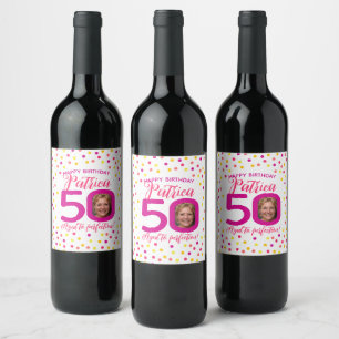 50th birthday colorful pink yellow confetti photo wine label